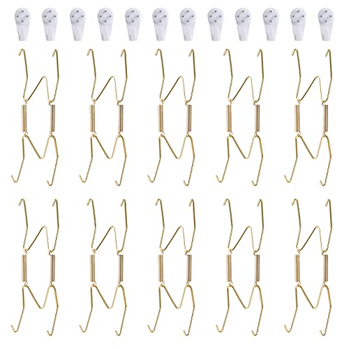 Image of 10 Piece Plate Hangers, 5 Inch Invisible Brass Wall Plate Hangers, Comes with 12 Piece Wall Hooks for Decorative Plates