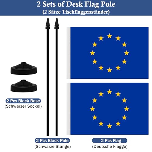 NQ European Union Desk Flag 2 Set, Tischflaggen-Set der Europäischen Union, Flagge 21X 14CM, Für Haushalt, Büro und Handel (2 Stück)