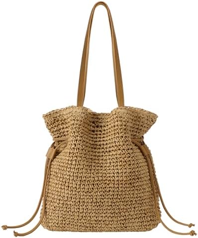 Loiyadn Beach Bag, Straw Beach Bags for Women, Floral Designed Beach Tote Lightweight Foldable Straw Bag-Khaki Drawstring