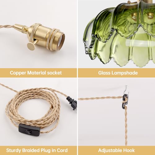 Image of Shenmoyl Plug in Pendant Light Hanging Light Fixtures with Plugin Cord On /Off Switch,Green Scindapsus Glass Lampshade Brass Pendant Light