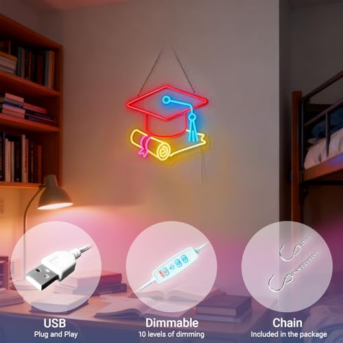 Image of Congrats Grad Neon Sign with Cap & Diploma - 3-Color Red Yellow Ice Blue Graduation Decorations 2026, 10-Level Dimmable LED Wall Light, USB Powered Gift for Graduate, 14.5 inchx12.6 inch