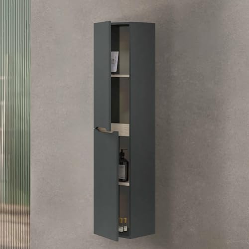 Dmora - Mobile colonna Williamsburg, Pensile bagno sospeso a 2 ante, Armadio alto, 31x26h135 cm, Antracite e Rovere