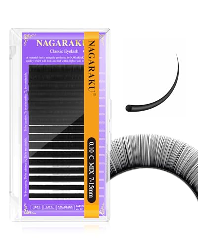 NAGARAKU Extensiones de Pestañas Individuales Volumen Lahses Pelo a Pelo Clásico 1:1 Pestañas Extensiones Natural Blando Suave Negro Eyelash Extension Pestañas Postizas 16 Filas(0.10mm C Curl 7-15mm)