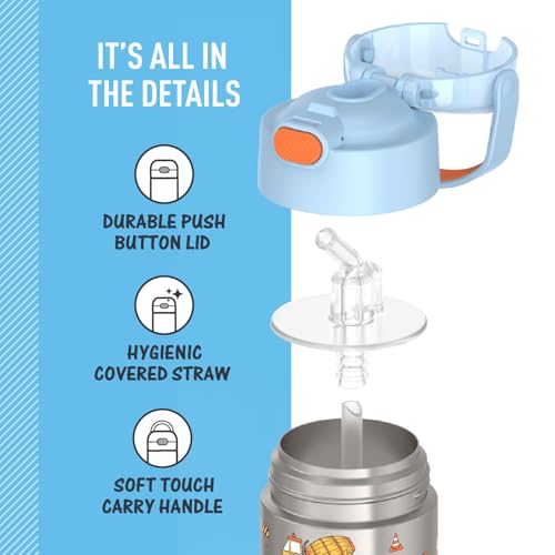 THERMOS FUNTAINER Water Bottle with Straw - 12 Ounce - Kids Stainless Steel Vacuum Insulated Water Bottle with Lid, Construction