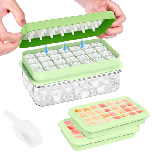 PHINOX Ice Cube Tray With Lid and Bin, Ice Trays for Freezer, Flexible Ice Cube Trays, Making 56 pcs Ice Cubes, Chilling Cocktail, Whiskey, Coffee, with 2 trays, Ice Container, Scoop&Cover, BPA Free