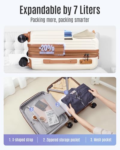 Image of LIGHT FLIGHT 3-Piece Luggage Sets, Expandable Carry On Luggage 22x14x9 Airline Approved, Hardside Carry On Suitcases with Wheels, TSA Lock Travel Luggage Sets, Beige and Brown