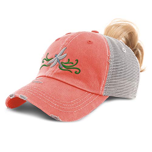 Speedy Pros Womens Ponytail Cap Dragonfly Embroidery Cotton Distressed Trucker Hats Strap Closure Coral Design Only