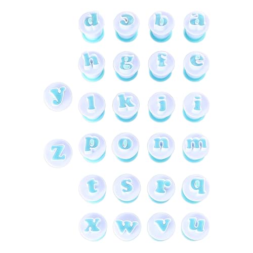 Juego de 26 moldes del alfabeto minúsculas: cortadores de émbolo para fondant, galletas, pasteles, alimentos, plástico seguro, herramientas de grabado fáciles de usar para manualidades de azúcar