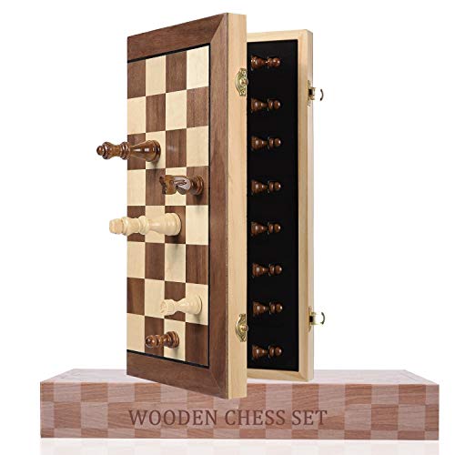 Hnoerin 15 Inches Magnetic Chess Set, Large Folding Wooden Chess Board, Handmade Staunton Style Chess Pieces Interior Storage for Pieces
