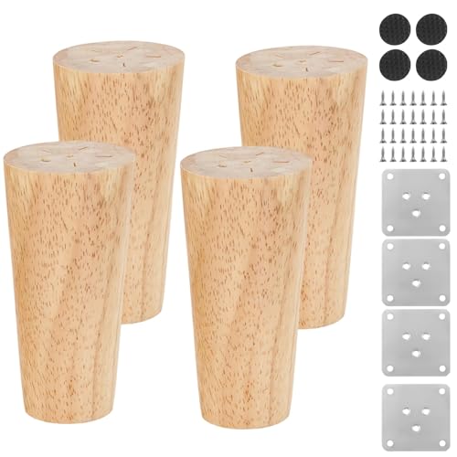 HSUYUN 4 Piezas Patas para Muebles de Madera, Patas Mueble de Roble 10 cm con Almohadillas Antideslizantes, Patas para Sofá y Mesa con Placas de Montaje y Tornillos