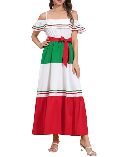 ABAFIP Women's Mexican Dresses Traditional Fiesta Off Shoulder Ruffle Strap Stripe Cinco De Mayo Maxi Dress2