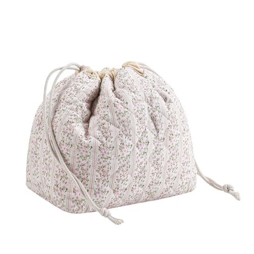 Cotton Quilted Drawstring Makeup Bag with Canvas Lining,Coquette Aesthetic Cute Travel Toiletry Bag,Drawstring Gift Bag for Women and Girls（17Small Pink）
