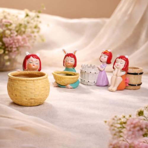 Image of Cute Beautiful Combo Pack of 4 Girls Succulent Planter Pots Resin Creative Flowerpot Plant Pots Planter Container for Home Garden Office Desktop Decoration - Multi (Pack of 4)