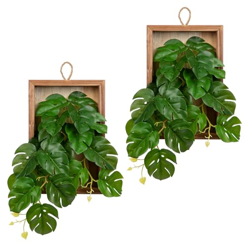 Hollyone 2PCS de plantes artificielles suspendues avec cadre en bois, plante Monstera artificielle à double usage, verdure retombante pour plantes...