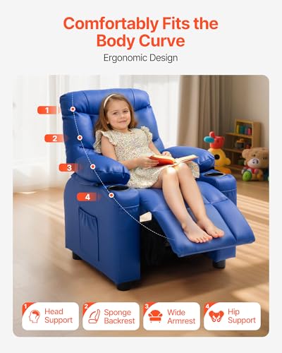 Image of VEVOR Kids Reclining Chair, Toddler Recliner with 2 Cup Holders and 4 Pockets, 107 to 126 Adjustable Back, Easy-to-Clean PU Leather Recliner Couch with Footrest, for Boys, Girls & Children (Blue)