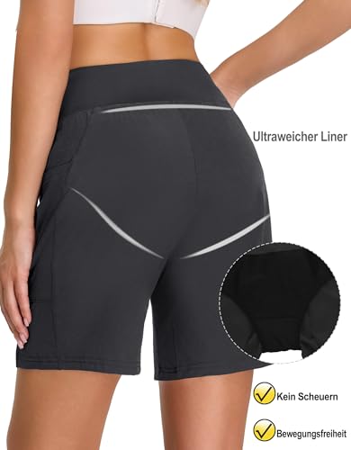 Havideto Badeshorts Damen Hohe Taille Badehose UV-Schutz UPF 50+ Bauchweg Schwimmshorts Schnelltrocknend Chlorresistent Schwimmhose Wasserabweisend mit Innenslip und Taschen Grau 3XL