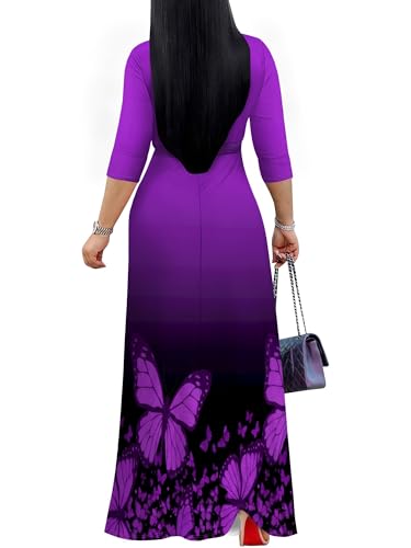 Image of SUZONANA Plus Size Dresses for Women Print Maxi Dresses Flowy 3 /4 Sleeve with Belt