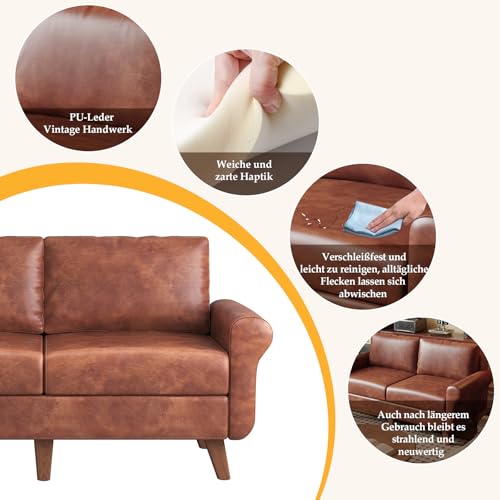 Yvsevnr Couch 2 Sitzer Leder Braun Kleines Sofa mit Armlehnen und Beine aus Massivholz Schlafsofa 167 cm Breit, Einfache Montage, Sitzsofa für Jugendzimmer Wohnzimmer Schlafzimmer Büro Wohnung