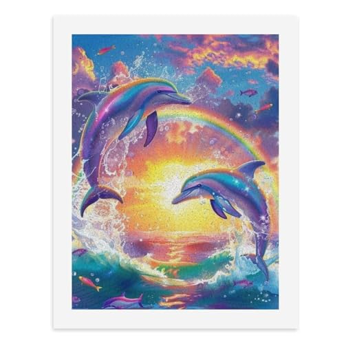 Pintura por números para adultos, dos delfines saltando en el océano con un arco iris en el cielo, rodeados de peces y salpicaduras de agua, para decoración de pared del hogar, 12 x 16 pulgadas