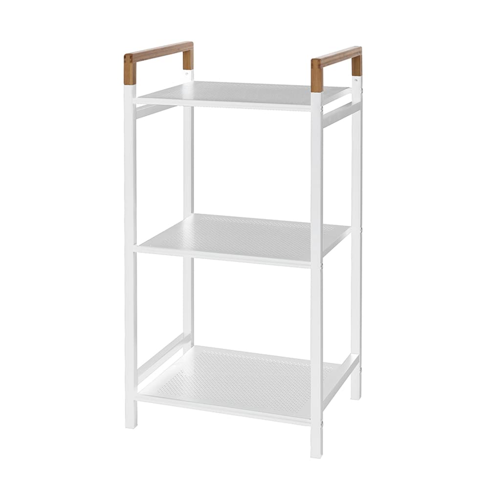 Mobiletto scaffale Bagno salvaspazio, con 3 Ripiani portaoggetti, Colore Bianco in Acciaio, Inserti in bambù, H 78 x p 30 x L 40 cm, in Kit di Montaggio