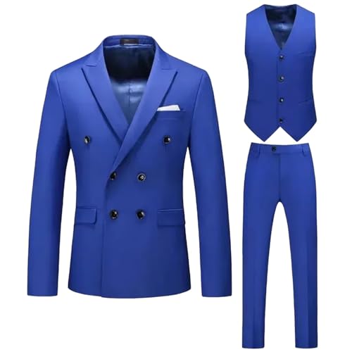 Men Full Notched Lapel Double Breasted 3-Piece Wedding Graduation Casual Banquet Suit Royal Blue