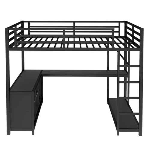 Image of Bellemave Queen Size loft Bed with L Desk and Wardrobe, Metal Queen Size Loft Bed Frame for Adults, Kids, Teens, Black