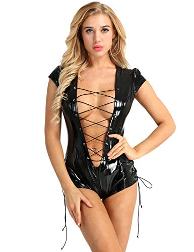 dPois Womens Wet Look Patent Leather Deep V Lace-up Zipper Crotch Bodysuit Jumpsuit Black XL