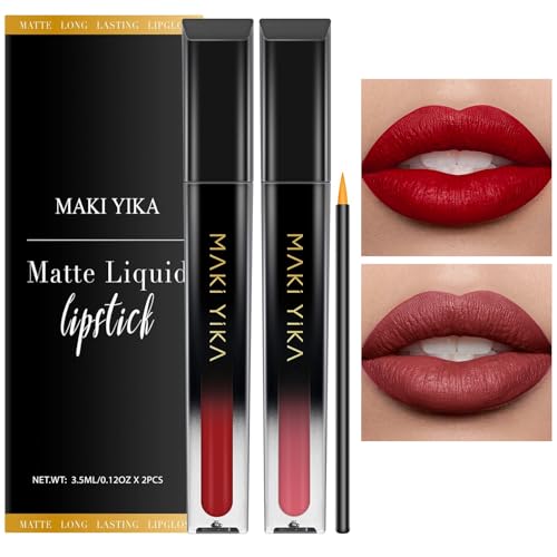 Image of MAKI YIKA 2Pc Matte Liquid Lipstick Set MVP Red Nude Lipstick Long Lasting