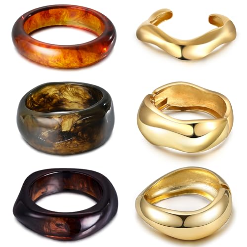 6 Pcs Chunky Bangle Bracelet for Women Open Gold Wide Wrist Irregular Acrylic Resin Bangles Bracelets Trendy Stackable Cuff Jewelry