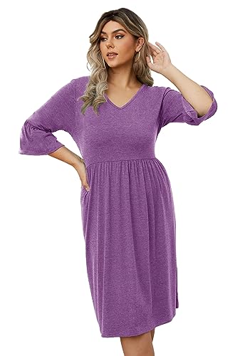 Image of Women's Plus Size 3 /4 Sleeve Casual Dress V Neck Spring Summer Tshirt Empire Waist Ruffle Midi Dresses