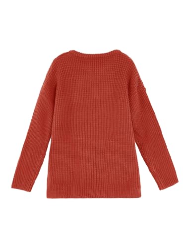Image of Girls Waffle Knit Sweaters Trendy Henley Button V Neck Long Sleeve Pullover Jumper Tops Orange Red
