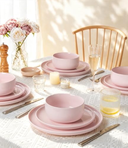 Image of TheTerra Ceramic Dinnerware Set for 4, 12-Piece Plates and Bowls Set | Handmade Reactive Glaze Dish Set, Scratch Resistant, Oven & Microwave & Dishwasher Safe, Blush Pink
