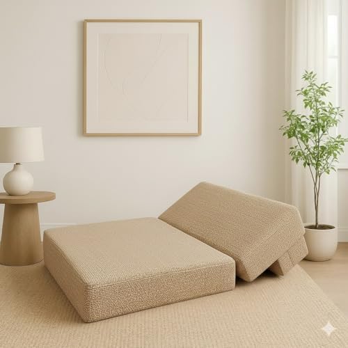 Image of PUM PUM Foldable Sofa Cum Bed | EPE Foam 2 Seater Floor Sofa | Premium Jute Fabric | Space-Saving Furniture for Living Room & Bedroom|36 Inch Width,Beige