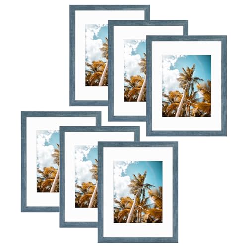Image of Frametory, 11x14 Picture Frame - Display 8x10 Photo with Mat - Wide Molding - Preinstalled Wall Mounting Hardware (Blue, 6-Pack)