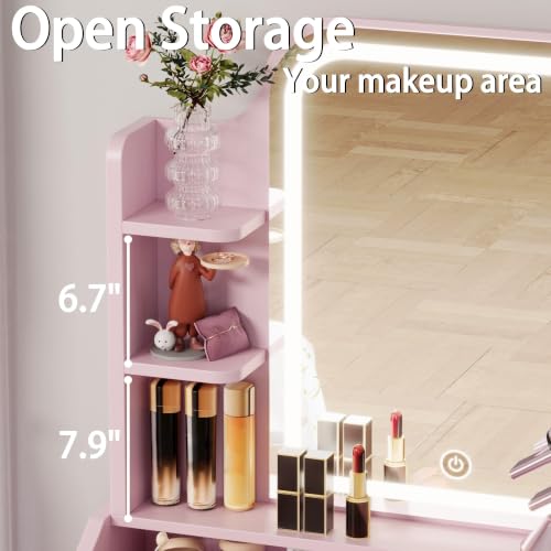 Image of LIKIMIO Small Vanity Desk with Storage Stool and Mirror Lights | Pink compact vanity featuring 3 lighting modes, acharging station, a storage drawer, 3 shelves and padded stool