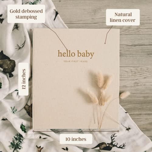 Unisex Baby Memory Book | Minimalist Baby First Year Keepsake for Milestones | Baby Books First Year Memory Book | Simple Baby Scrapbook for Boy Girl Milestones | 60 Pages Natural Linen Wild - Peachly