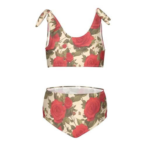 Floral Pattern Red Roses Girl Two Piece Kids Bikini Set Quick-Dry Swimsuit Swimwear Adjustable Strap