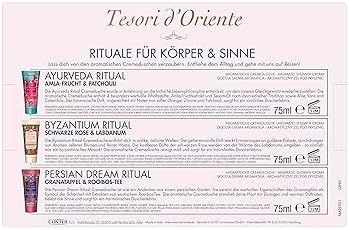 Tesori d'Oriente Zestaw upominkowy z kremowym prysznicem, zestaw 3 x 75 ml mini żel pod prysznic (Ayurveda, Bizantium & Persian Dream), krem pod prysznic do pielęgnacji ciała, rytuały wellness dla