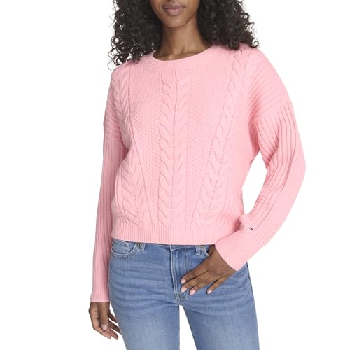 Tommy Hilfiger Women's Sportswear Cable Crewneck Sweater, English Rose, Large