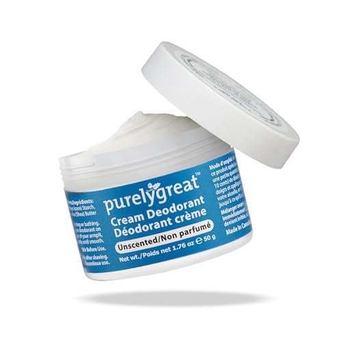 Purelygreat Cream Deodorant, Aluminum-Free, Deodorant Cream for Lasting Odor Control, Vegan, Cruelty-Free Natural Deodorant for Women & Men, Contains No Chemicals, Parabens, or BPA, Unscented, 1.76oz