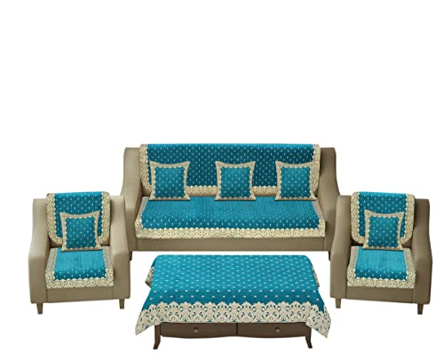Image of Premium 5 Seater Printed Sofa Cover Set with Cushion + Table Covers, 3,1,1 Seater 10 Pieces Sofa Back Slip Panels, Single Seater,Sky Blue (Pack of 12)