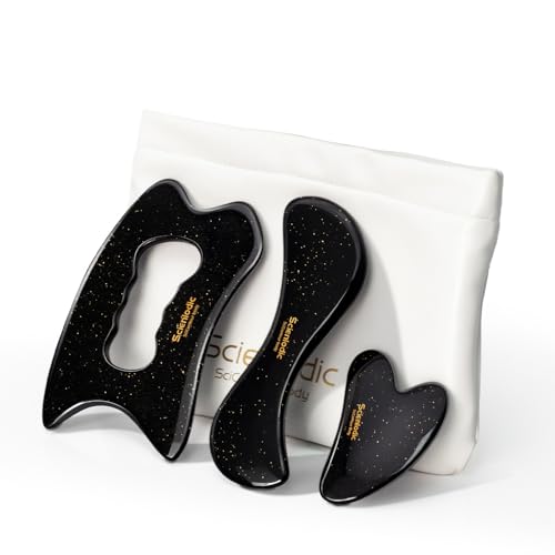 Image of Scienlodic 3 Pcs Gua Sha Massage Tools for Face & Body (Black Gold, Resin) - Scraping Tools for Back, Legs & Muscle Relaxation, Guasha Facial Tool for Jawline Contouring & Puffiness Reduction