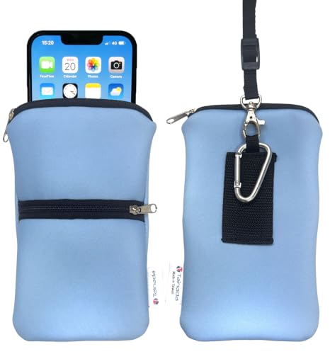 Image of Tainada Men Women Phone Neoprene Shockproof Zipper Sleeve Case Bag Pouch w /Carabiner, Neck Lanyard, Belt Loop Holster for iPhone 17 /16 Pro Max, 16e, 16 Plus; Samsung Galaxy S26 (Azure Blue)