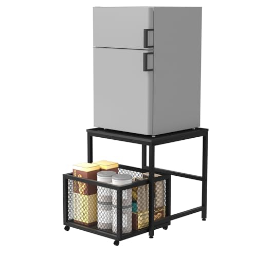 FAHKNS Mini Fridge Stand 19.7 Inch Square Mobile Mini Fridge Cart with Storage Drawer Basket Heavy Duty Fridge Cart, Large Capacity Storage Beverage Refrigerator Table, Black