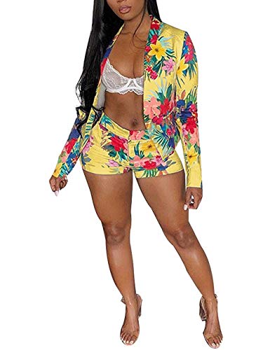 Angsuttc Women's Floral Print Long Sleeve Open Front Blazer Jacket + Short Set 2 Piece Outfit