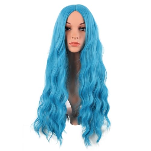 Image of MapofBeauty 28 Inch /70 cm Long Wavy Middle Part with No Bangs Synthetic Fiber Curly Fashion Women Party Cosplay Wig (Cyan Blue)