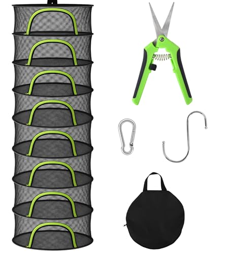 BRIVADO Herb Drying Rack Hanging Mesh 8 Layer 24' with Zipper, Garden Pruning Shear, Hook & Carabiner Clip for Drying Herbs, Plants, Seeds, Buds | Hydroponics & Grow Tents Herb Dryer Hanging Rack