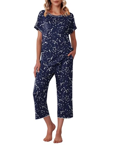 Ekouaer Women's Capri Pajama Sets Floral Print Short Sleeve Sleepwear Top and Capri Pants 2 Piece Loungewear with Pockets