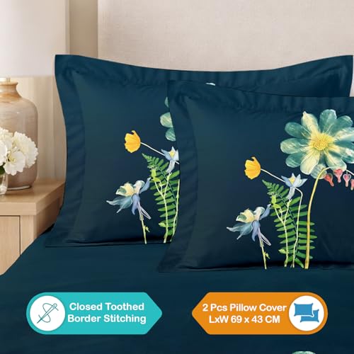 Image of Cloth Fusion Glace Cotton Flat Bedsheet for Double Bed with 2 Pillow Covers (90x100 Inches, Sea View)