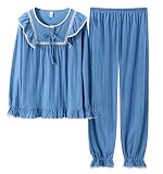 Pyjama Damen,Neuheit, Einfache, Einfarbige, Himmelblaue Baumwolle Mit Rüschen, Pyjama, Oberteil Mit Weitem Bein, Gemütliche, Weiche, Atmungsaktive Langarm-Loungewear-Sets Für Frauen Und Mädchen,